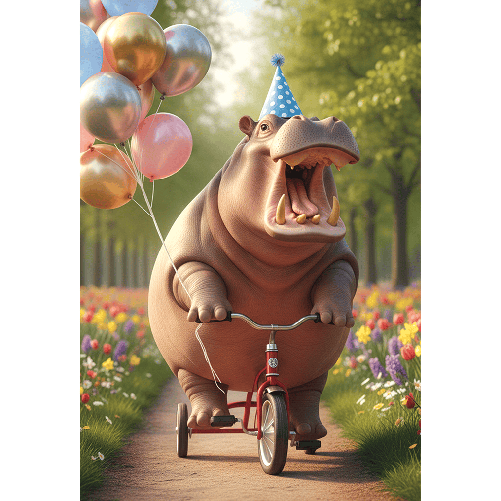 Pictura Hippo Trike birthday card with lenticular design, featuring a colorful hippo riding a tricycle on an everyday greeting card.